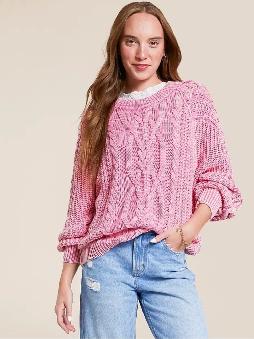 NWT Free People Frankie Cable Knit Cotton Sweater 84806496 Red Plum size Large - Picture 4 of 8